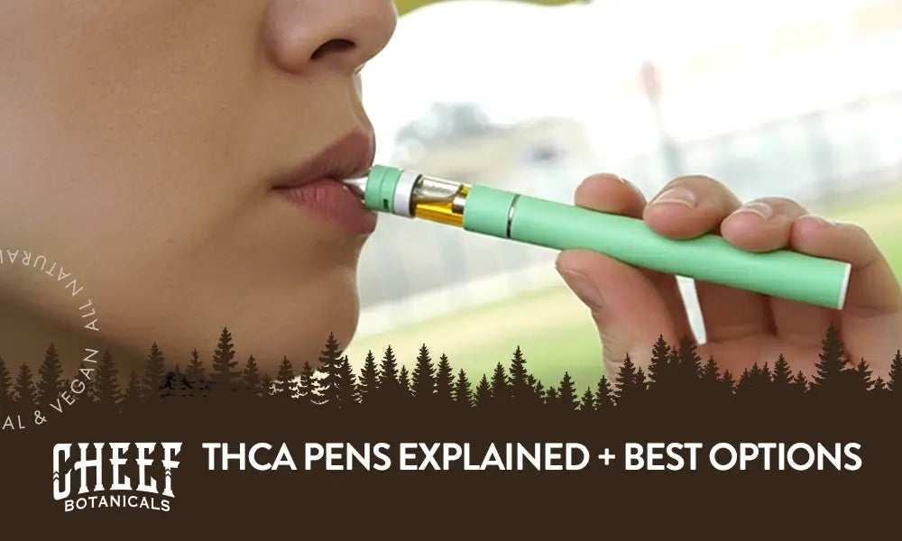 THCa pens featured blog image by Cheef Botanicals. Shows a woman's lower face hitting a teal THCa vape pen