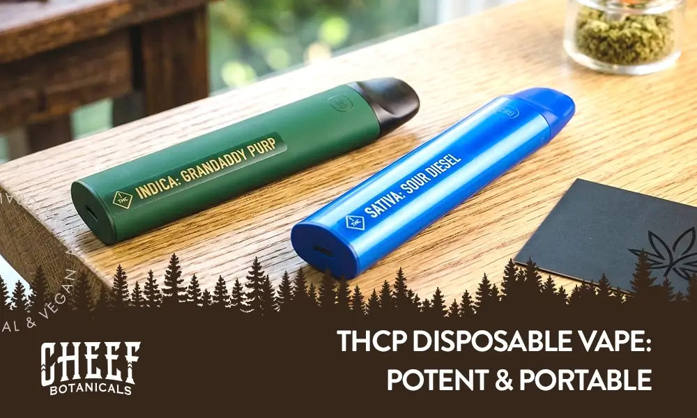 THCp disposable vape featured blog image by Cheef Botanicals. Shows two THCp disposable vape pens with some cannabis flower nearby.