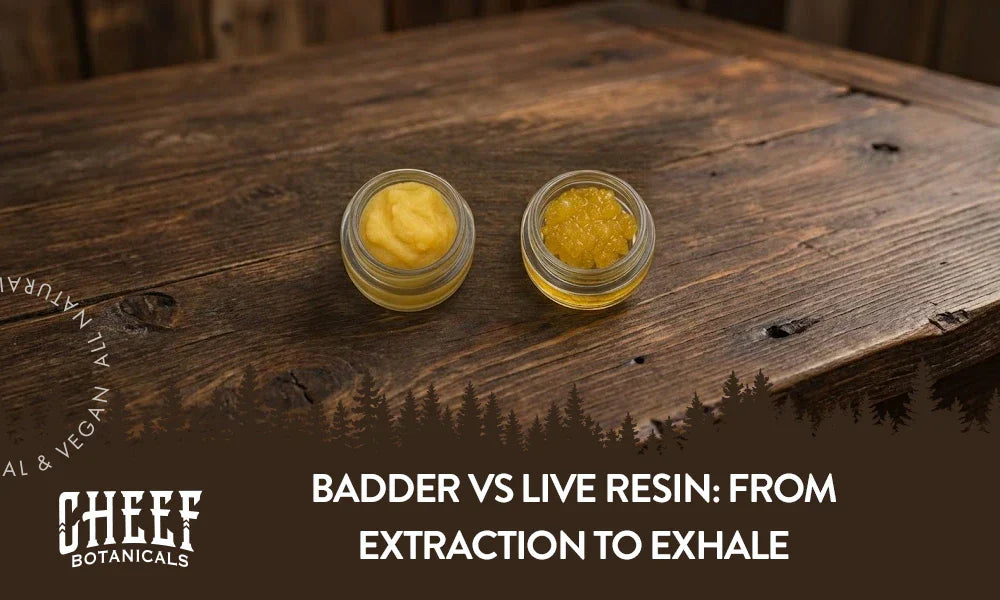 Badder and live resin in circle glass containers sitting on a wooden table with the title "Badder vs live resin".