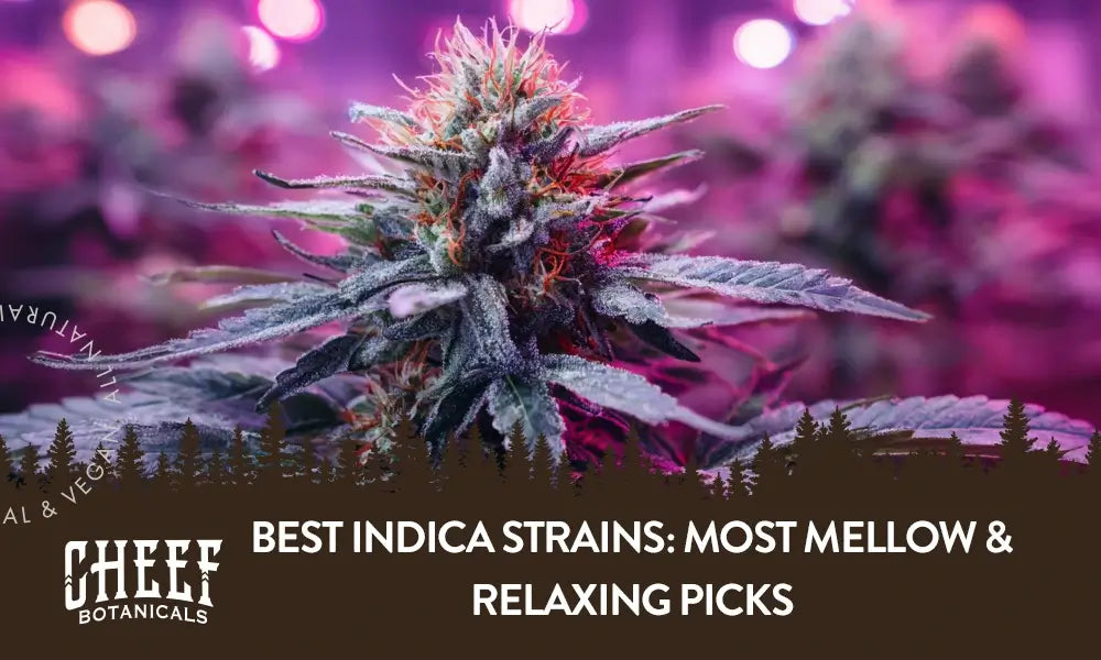 An indica cannabis plant growing under a purple light indoors with the title "Best indica strains".