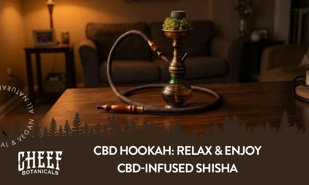 A hookah sitting on a wooden table loaded with CBD flower with the title "CBD hookah".
