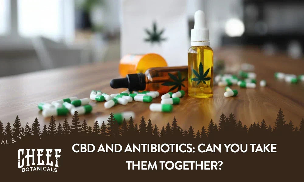 CBD oil and antibiotics sitting on a wooden table with the title "CBD and antibiotics".