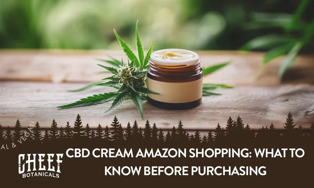 CBD Cream Amazon buys featured blog image by Cheef Botanicals. Shows a bottle of CBD cream sitting on a wooden table.