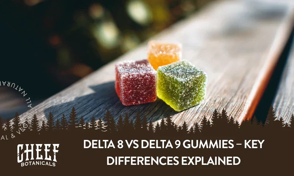 A couple of Delta 8 and Delta 9 gummies sitting on a wooden table with the title "Delta 8 vs Delta 9 gummies".