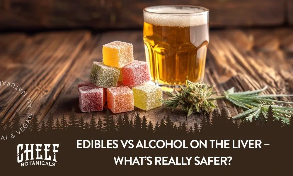 A couple of square cannabis gummies with a beer sitting next to them with the title "edibles vs alcohol on liver".