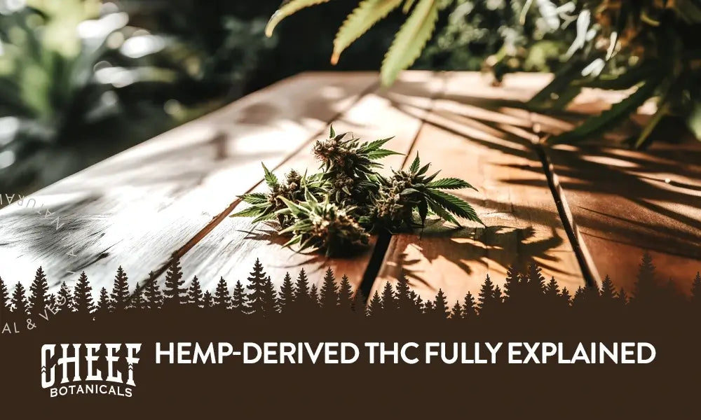 Hemp-Derived THC featured blog image by Cheef Botanicals. Show some freshly cut, untrimmed hemp flower on a wooden table