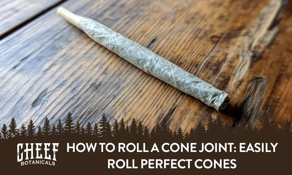 A rolled cone joint lying on a wooden table with the title "How to roll a cone joint".