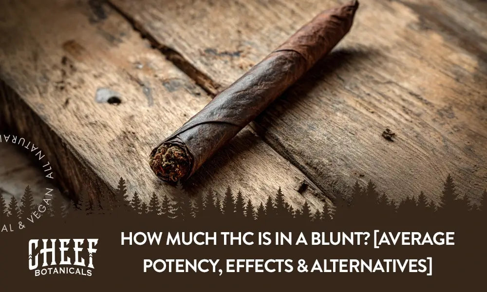 A THC blunt sitting on a wooden table with the title "How much THC is in a blunt".