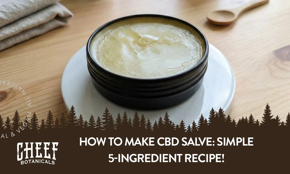 CBD salve in a circular black container sitting on a wooden table with the title "How to make CBD salve".
