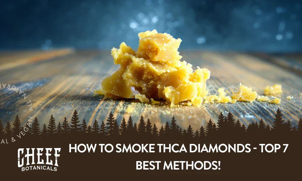 THCa diamonds sitting on a wooden table with the title "How to smoke THCa diamonds".