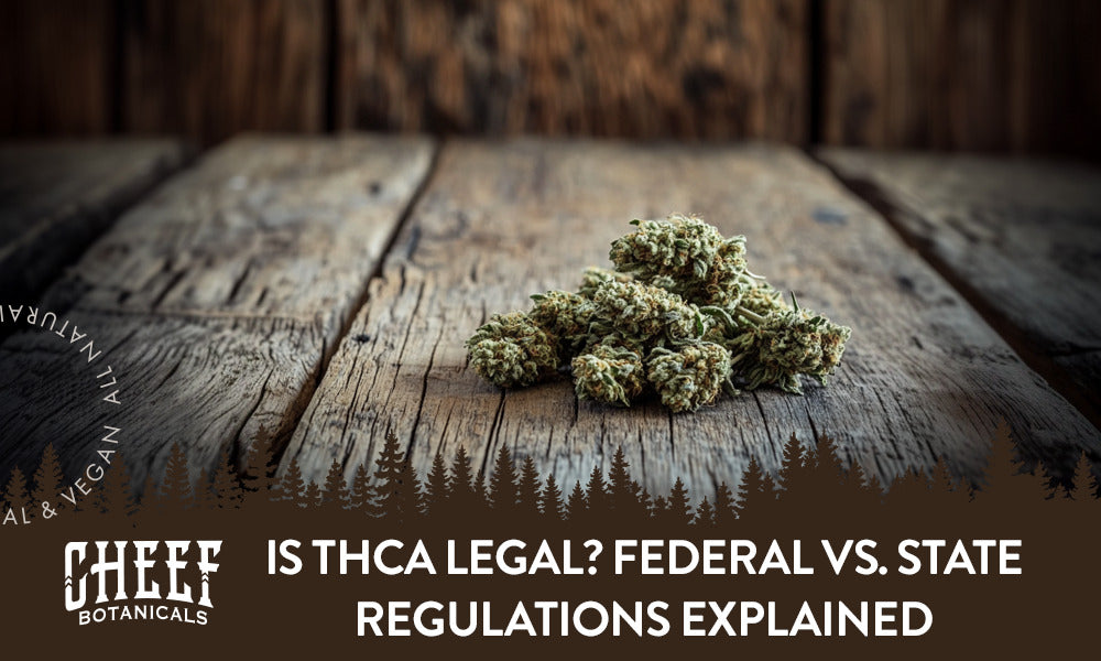 Is THCa Legal featured blog image by Cheef Botanicals. Shows a small pile of THCa flower on a weathered wooden surface.