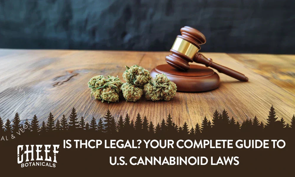 A couple of THCP buds sitting on a wooden table with the title "Is THCP legal".