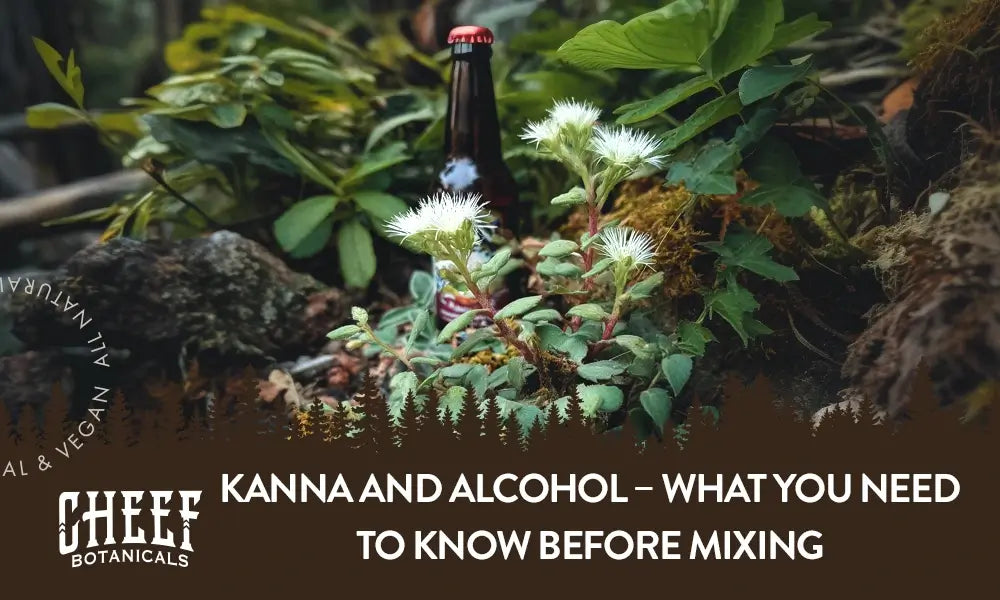 A kanna and alcohol bottle sitting outside next to each other.