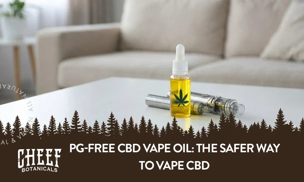A dropper bottle of CBD vape oil with a vape sitting next to it with the title "PG free CBD vape oil".