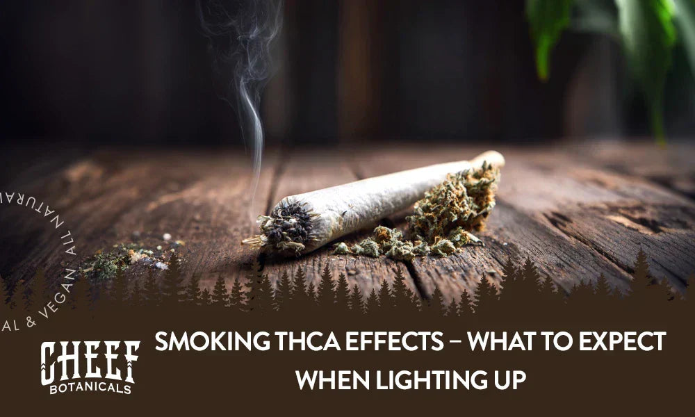 A THCa joint sitting on a wooden table with the title "Smoking THCa effects".