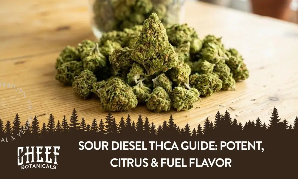 A bunch of sour diesel THCa buds sitting on a wooden table with the title" Sour Diesel THCa guide".