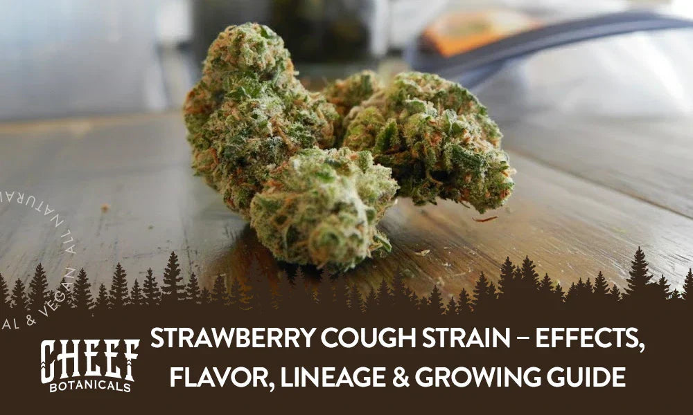 A bunch of Strawberry Cough cannabis buds sitting on a wooden table.