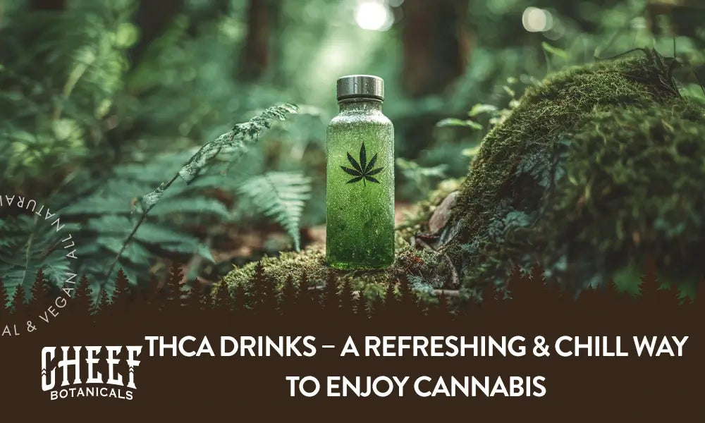 A green THCa drink in a bottle sitting in the forest with the title "THCa drinks".