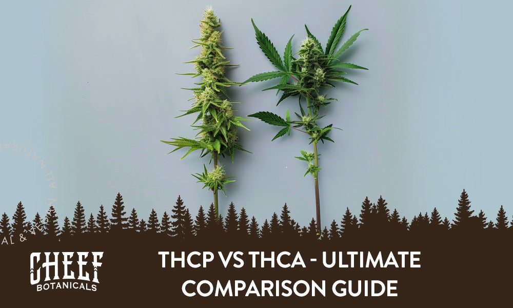 THCP vs THCA featured blog image by Cheef Botanicals. Shows two different fresh cannabis buds on stems side by side on a blue background.