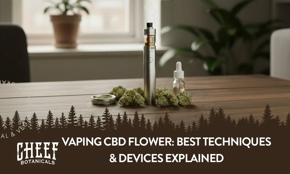 A CBD vape with CBD buds around it with the title "Vaping CBD flower".