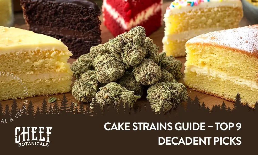 A pile of cannabis buds surrounded by different pieces of cake with the title "Cake strains guide".