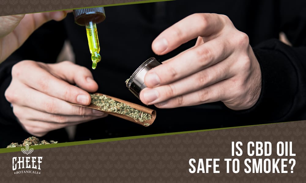 Can You Smoke CBD Oil featured blog image by Cheef Botanicals. Shows two hands rolling a blunt and one hand about to drip CBD oil into the blunt.