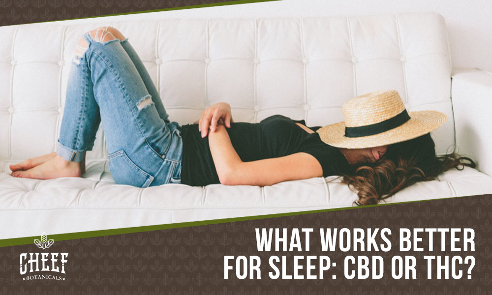 CBD vs THC for sleep featured blog image by Cheef Botanicals. Shows a woman sleeping on a couch with a hat covering her face.