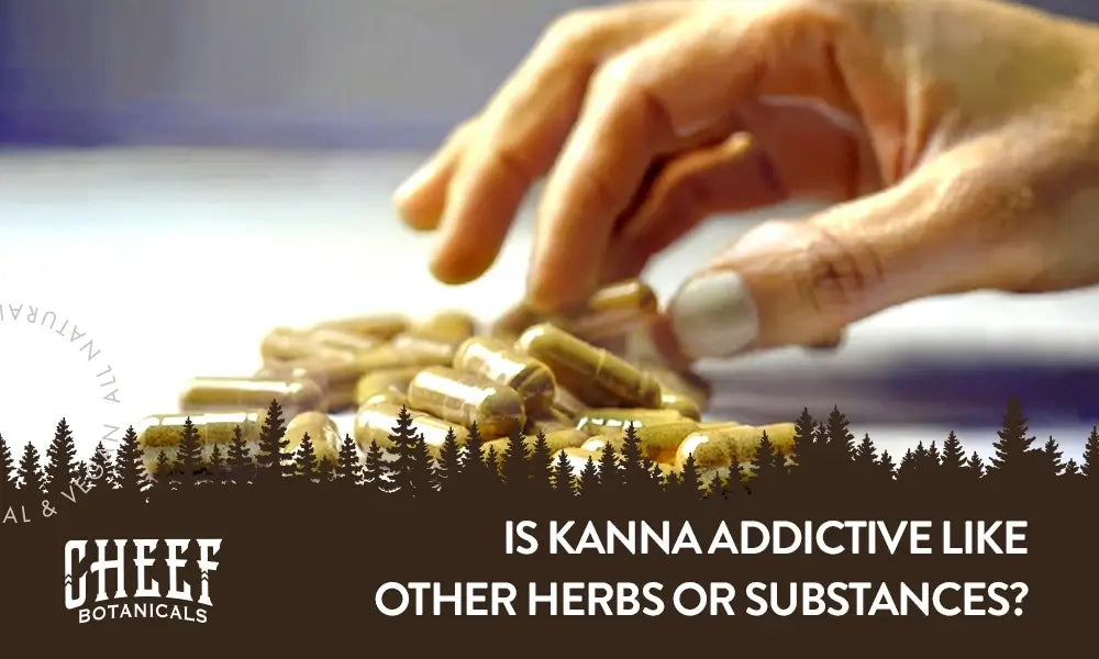 Kanna Addictive Featured blog Image by Cheef Botanicals. Shows a persons hand grabbing at a pile of kanna capsules.