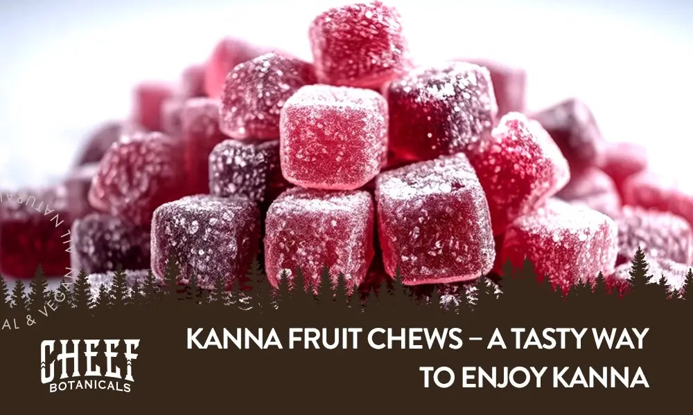 Kanna fruit chews featured blog image by Cheef Botanicals. Shows a pile of berry flavored kanna gummy chews.