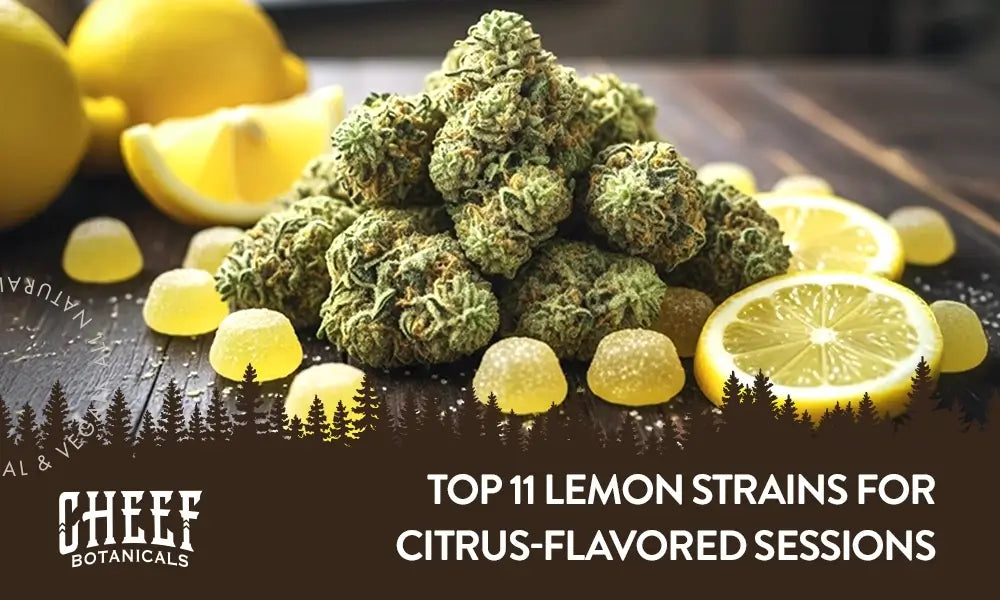 Top 11 lemon strains featured blog image by Cheef Botanicals. Shows a pile of Lemon Kush buds surrounded by lemon slices and lemon drop candies on a dark wooden surface..