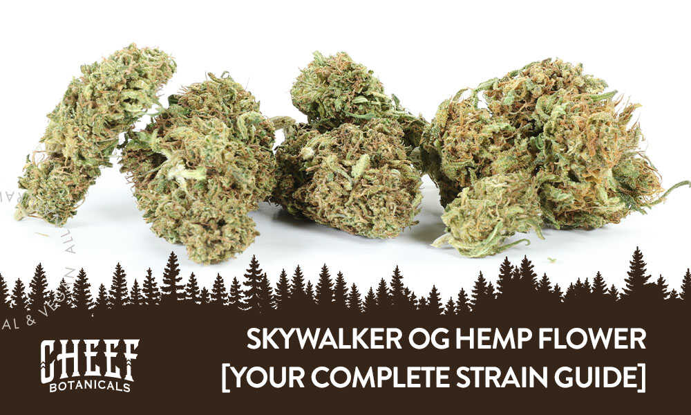 A bunch of Skywalker OG CBD buds with the title "Skywalker OG CBD flower".