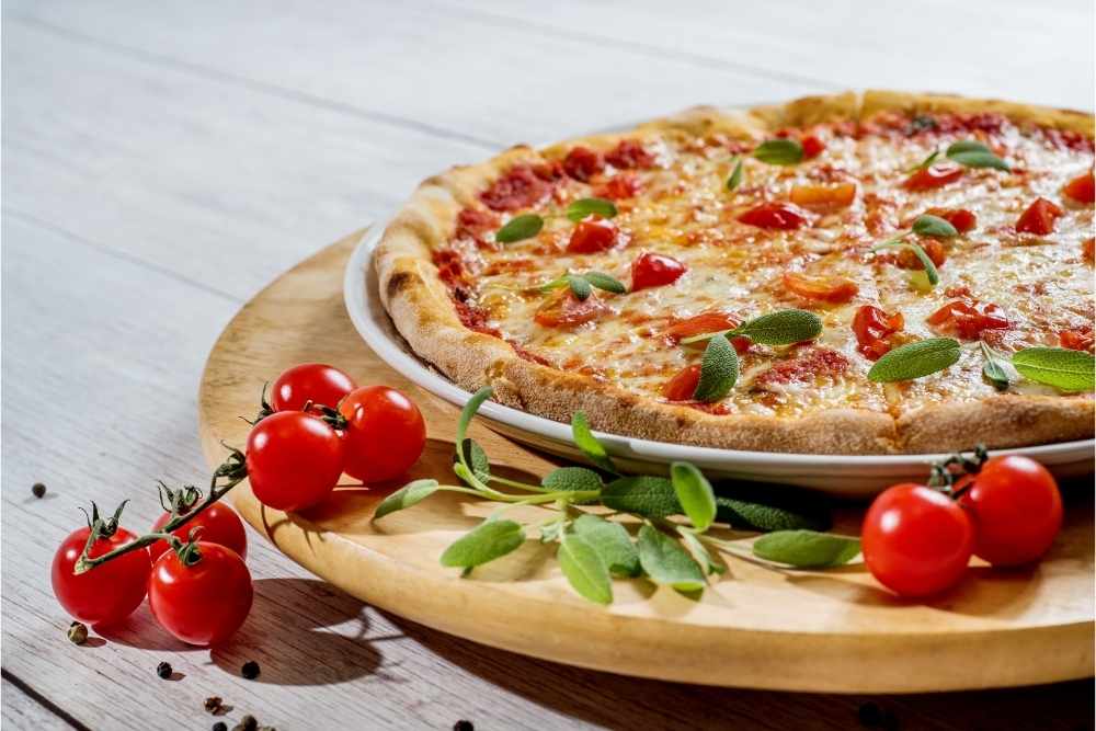 italian pizza on wooden platter