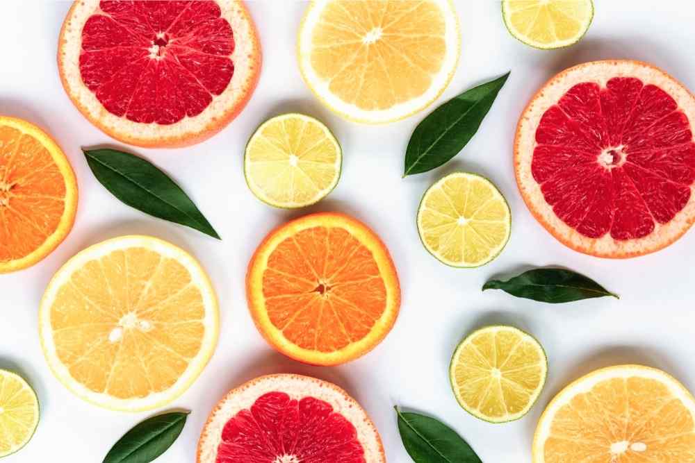 citrus slices and green leaves