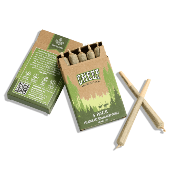 cheef botanicals cbd pre rolls joints front and back picture with two preroll
