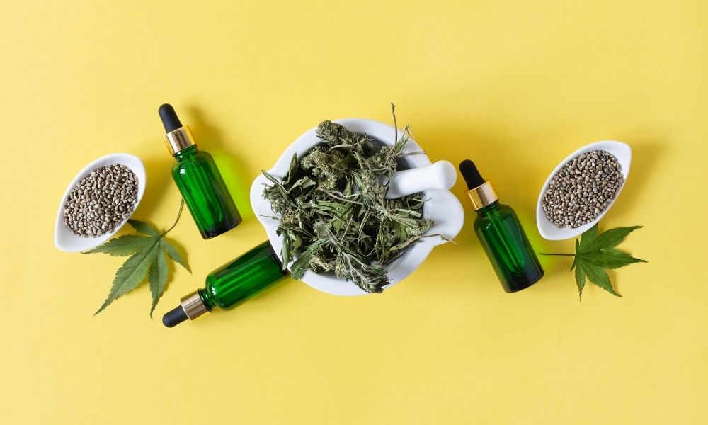 cbd oil with cbd flower on a yellow background