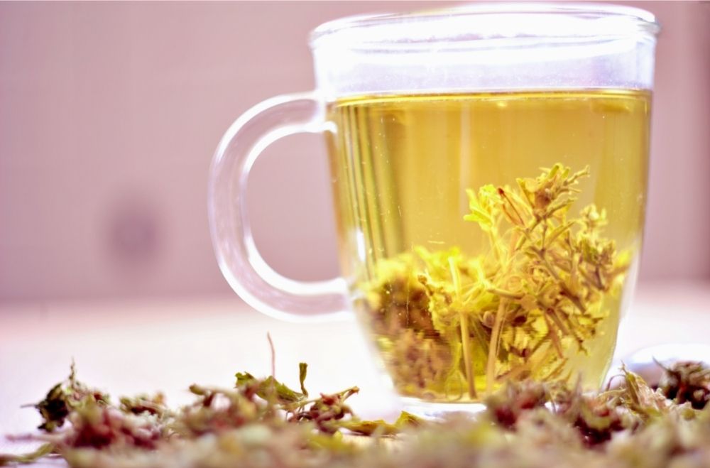 cbd flower tea in a glass cup