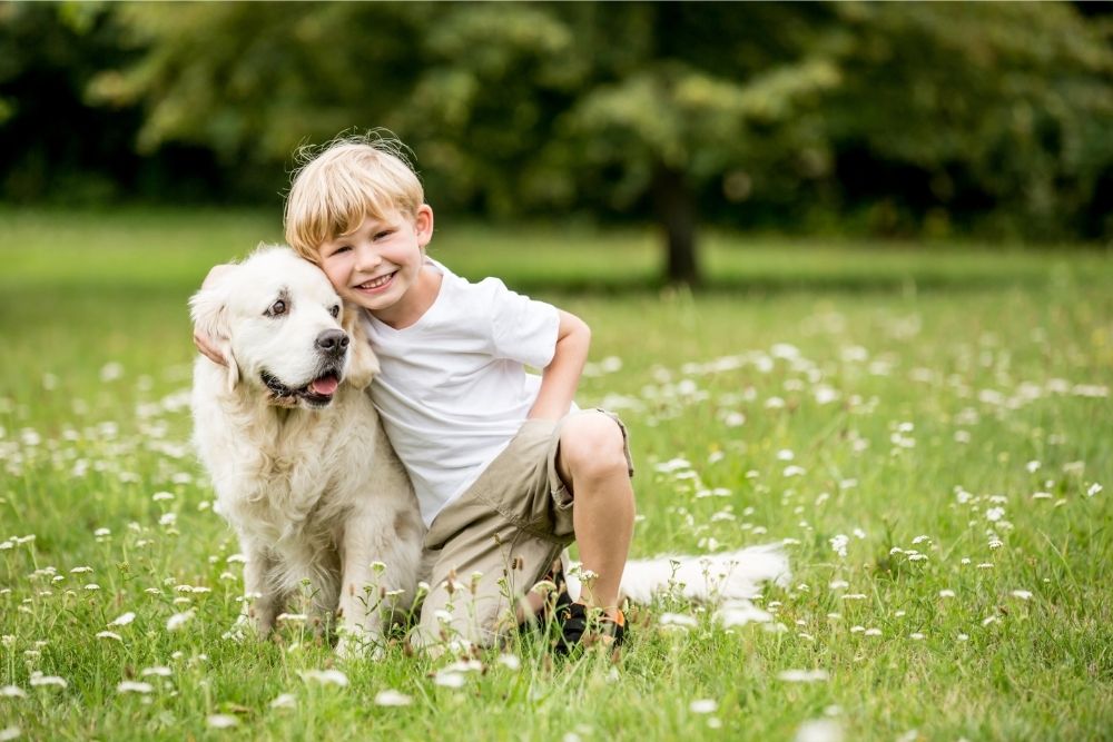 happy kid with dog