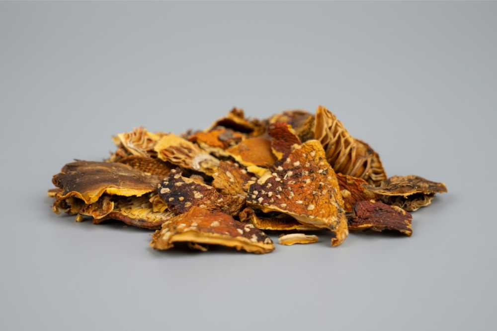 chopped and dried amanita muscaria mushroom caps