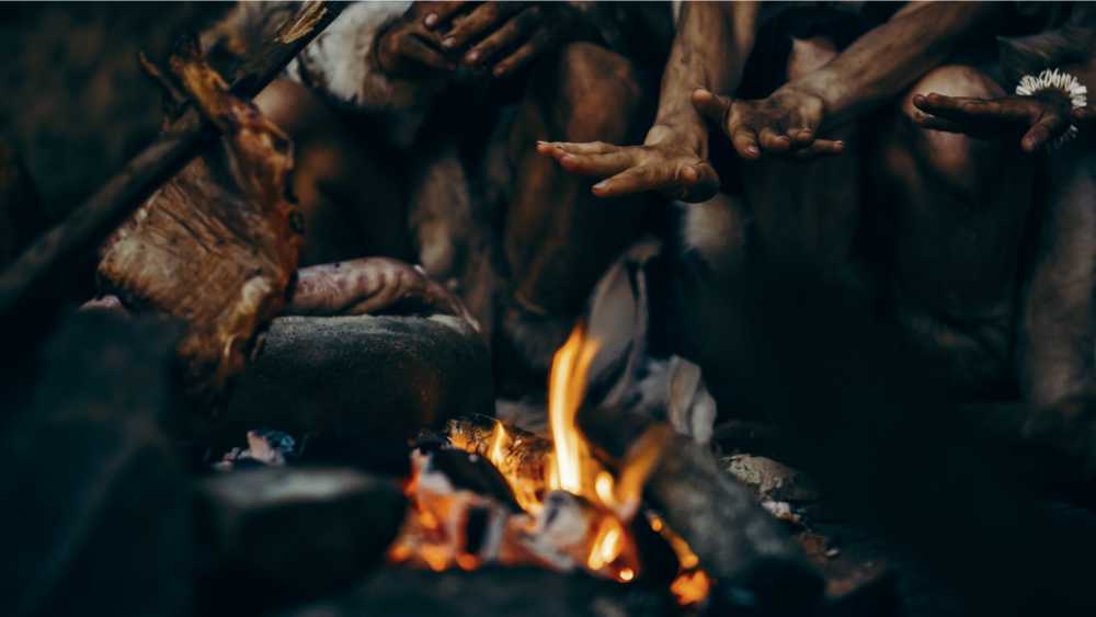 early humans enjoying open fire