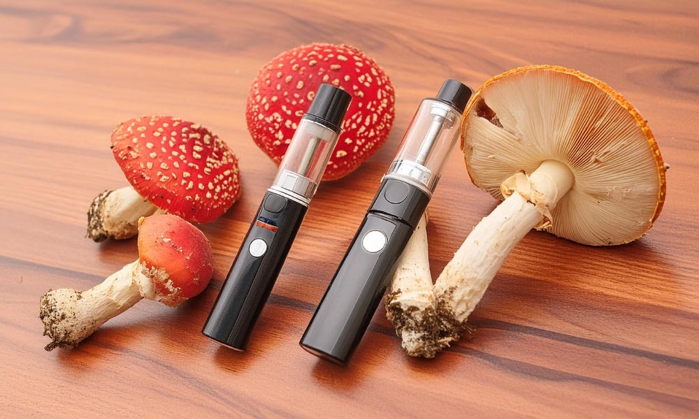 picked amanita mushrooms on a wooden table with two vapes