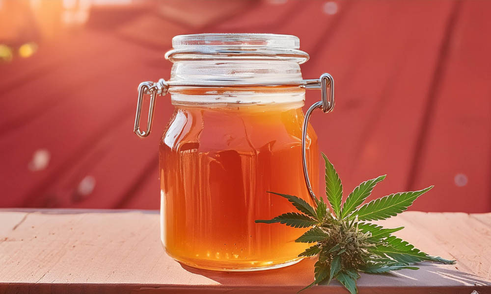 A closed mason jar full of thca cannabis distillate with a fresh cannabis bud in front of the jar