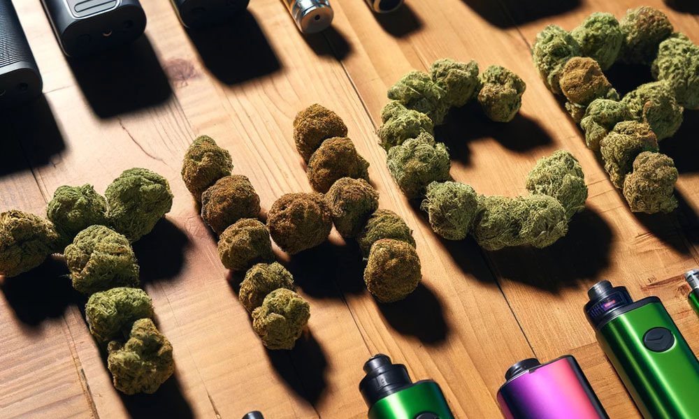 colorful cannabis buds spelling out 'THCP' with vape devices nearby