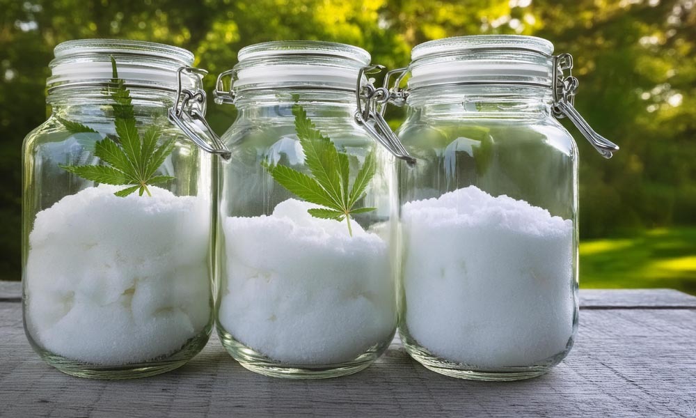 3 large clear mason jars full of THCa isolate.