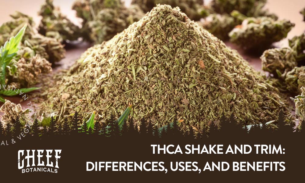 THCa Shake and Trim (Cheef Botanicals featured blog image). shows a pile of cannabis shake and text reading 'thca shake and trim: differences, uses, and benefits.