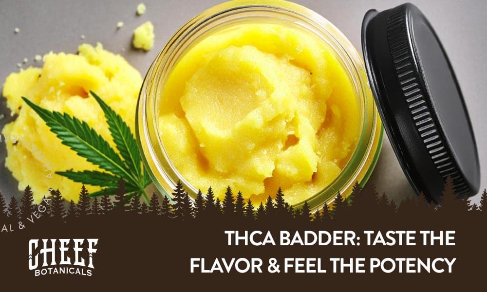 Cheef Botanicals blog image: THCa badder. Top view of a jar full of creamy yellow THCa badder concentrate.