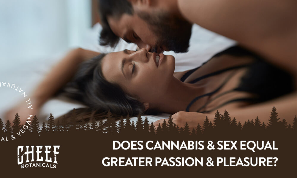 Cheef Botanicals featured image for "cannabis and sex" blog. Shows a man and woman being intimate in bed about to kiss.