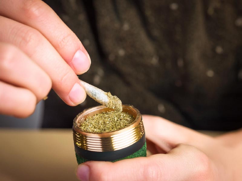 person dipping a rolled joint into kief from their grinder