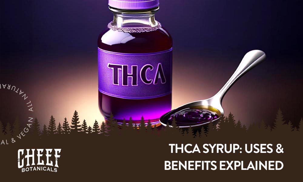 Cheef Botanical's featured blog image: THCa Syrup. Shows bottle of THCa syrup with teaspoon full of syrup next to bottle.