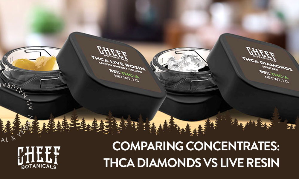 Cheef Botanicals featured image for "THCa Diamonds vs Live Resin" blog. Shows Cheef branded THca diamonds and live resin options.