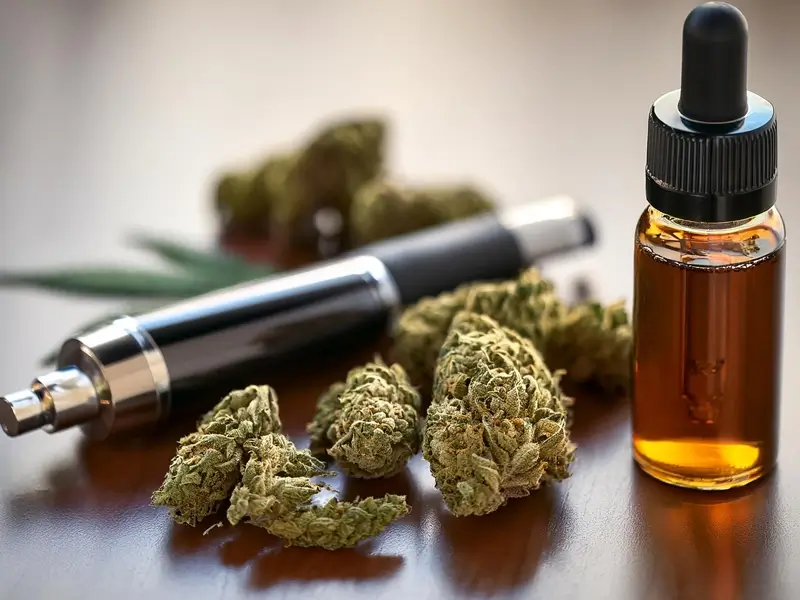 close up image of high quality hemp flower, cannabis tincture, and a vape pen.